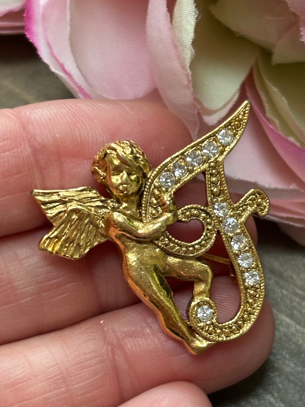 Vintage Gold Angel "F" Brooch with Crystal Accents